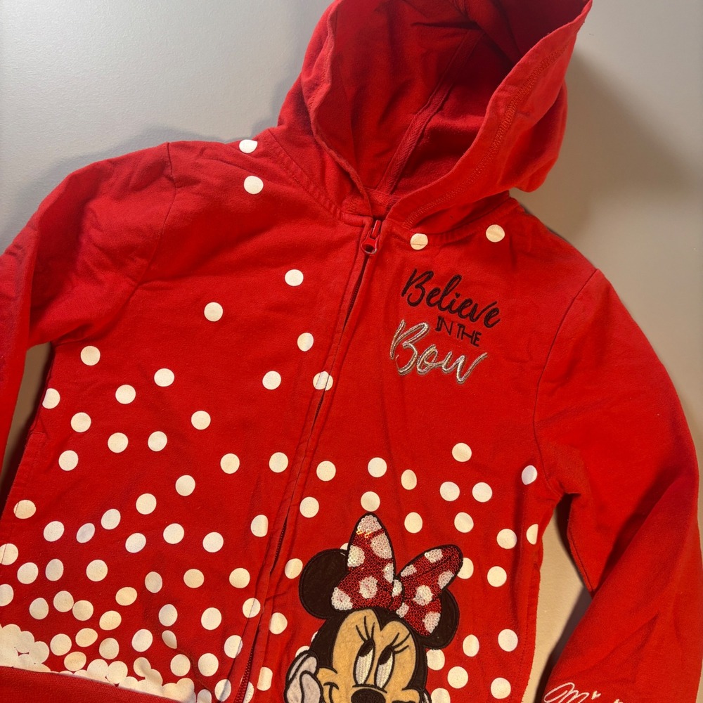 Disney Parks Minnie Mouse Sequined Red White Polka Dot Zip Up Hoodie Kids Small